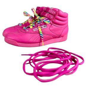 REEBOK CLASSICS 25th ANNIVERSARY Freestyle Hi Pink Rainbow Swirl Lace Sneakers